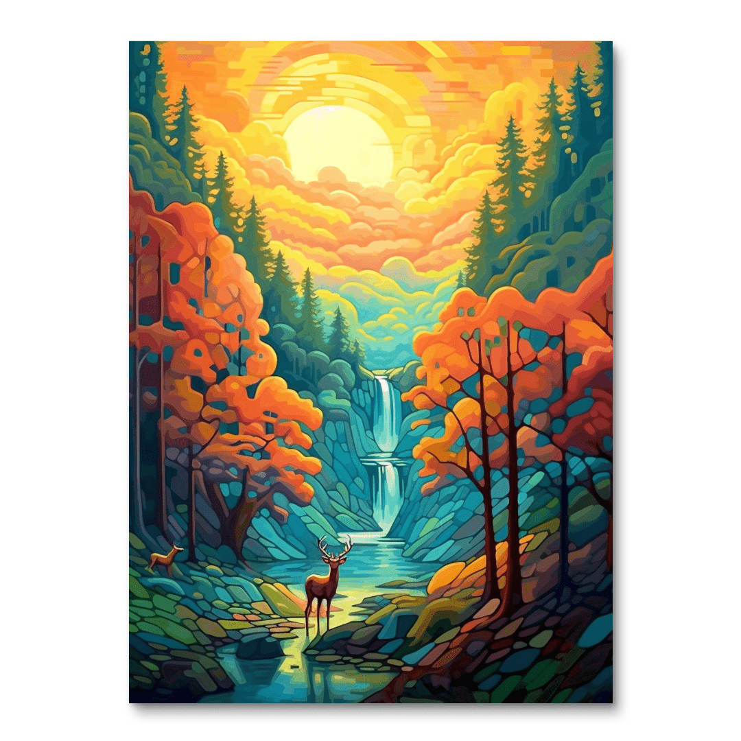 Herten bij de Forest Cascade (diamond painting)