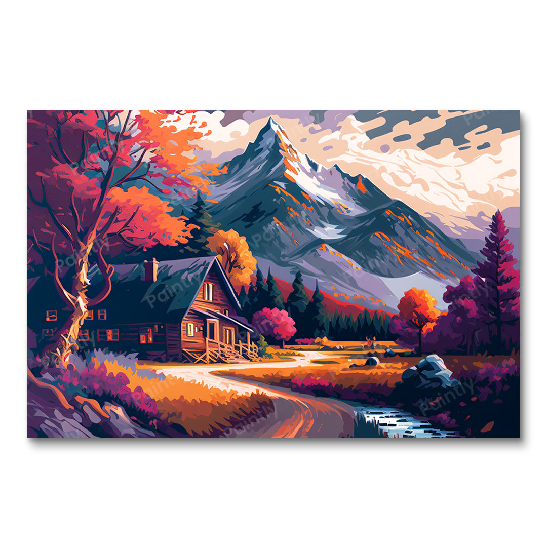Schilderachtig huisje bij de berg (diamond painting)