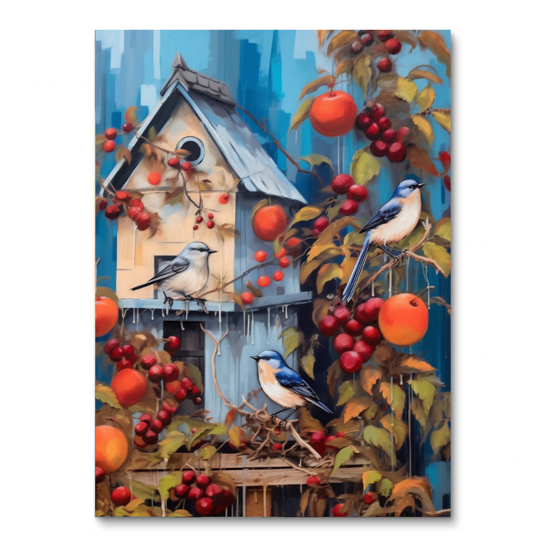 Vogelhuisje en blauwe vogels (diamond painting)