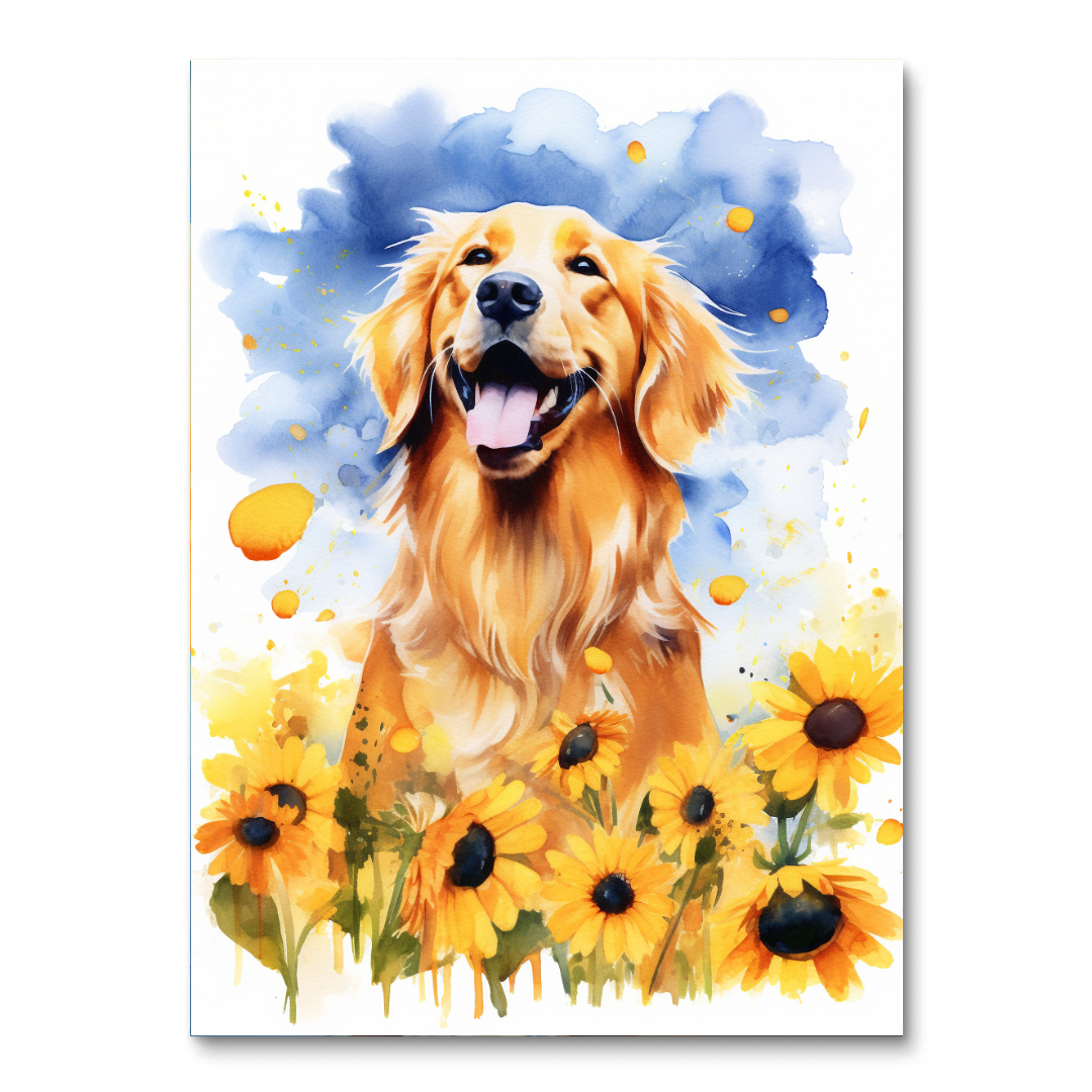 Golden retriever onder zonnebloemen (diamond painting)