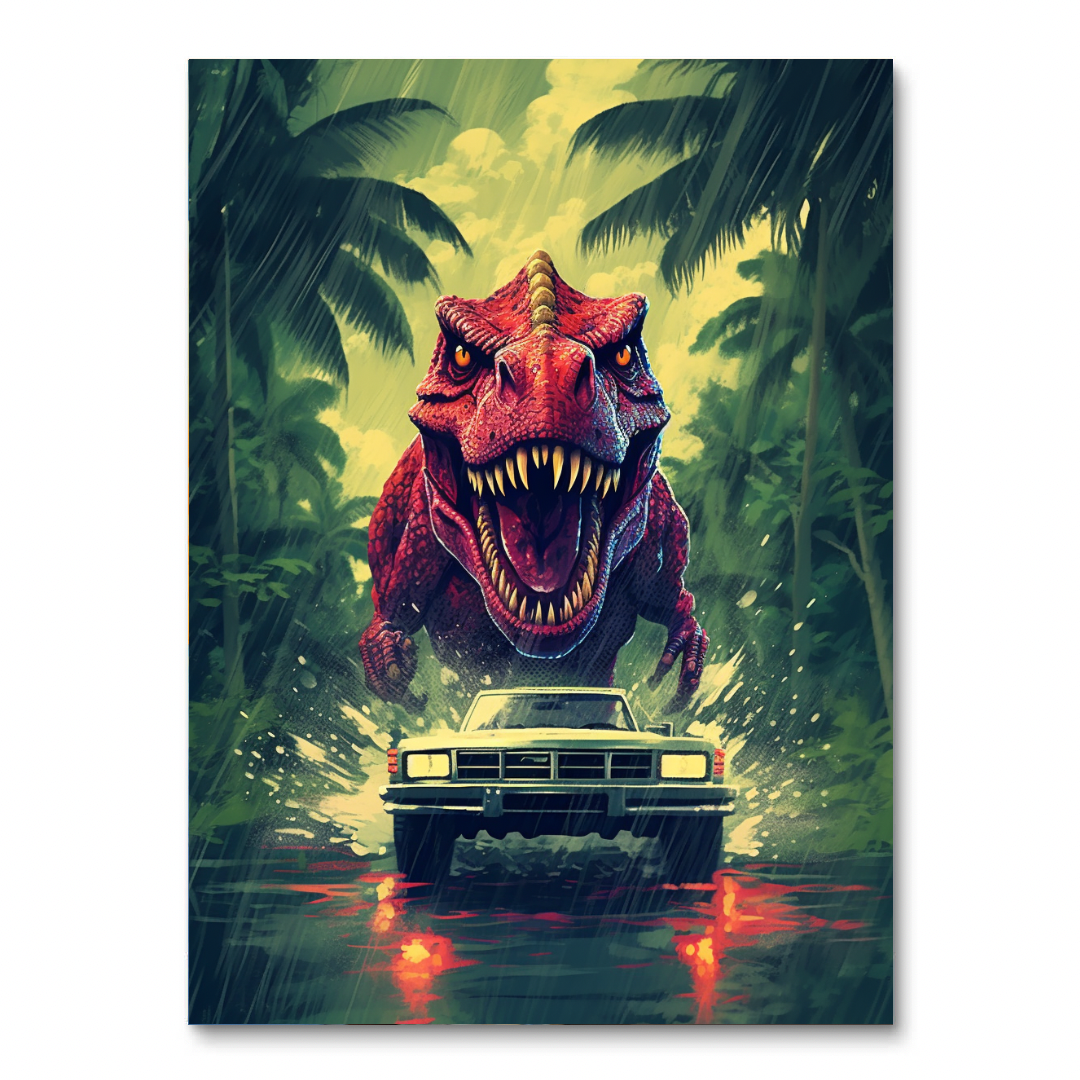 T-Rex achtervolging auto (diamond painting)