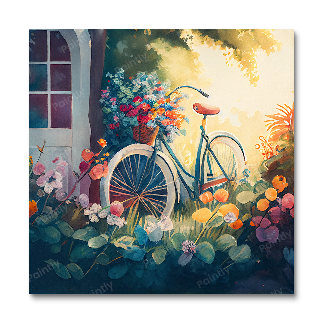Fiets te midden van bloemen (diamond painting)