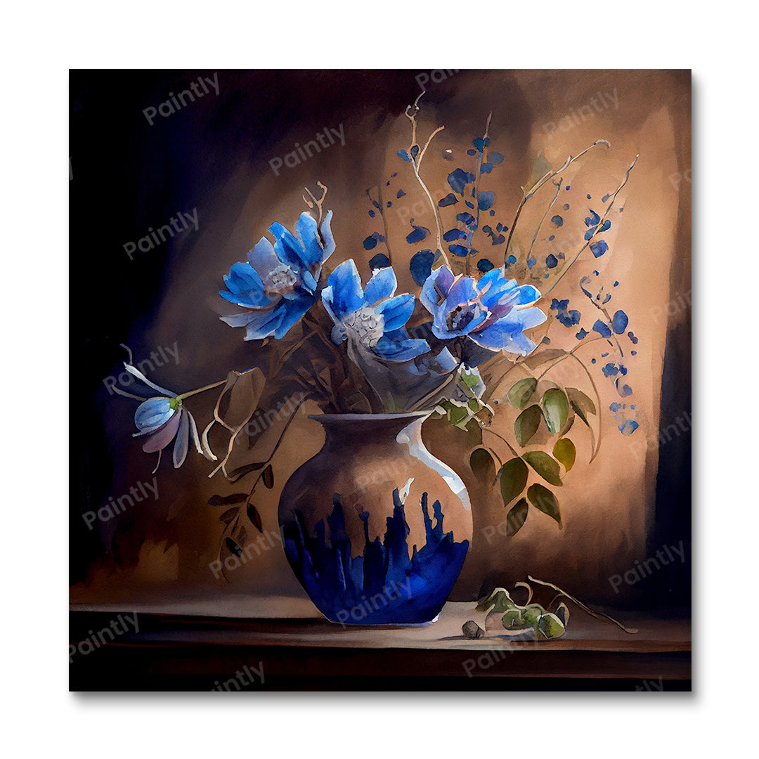 Blauwe bloemen in vaas III (diamond painting)