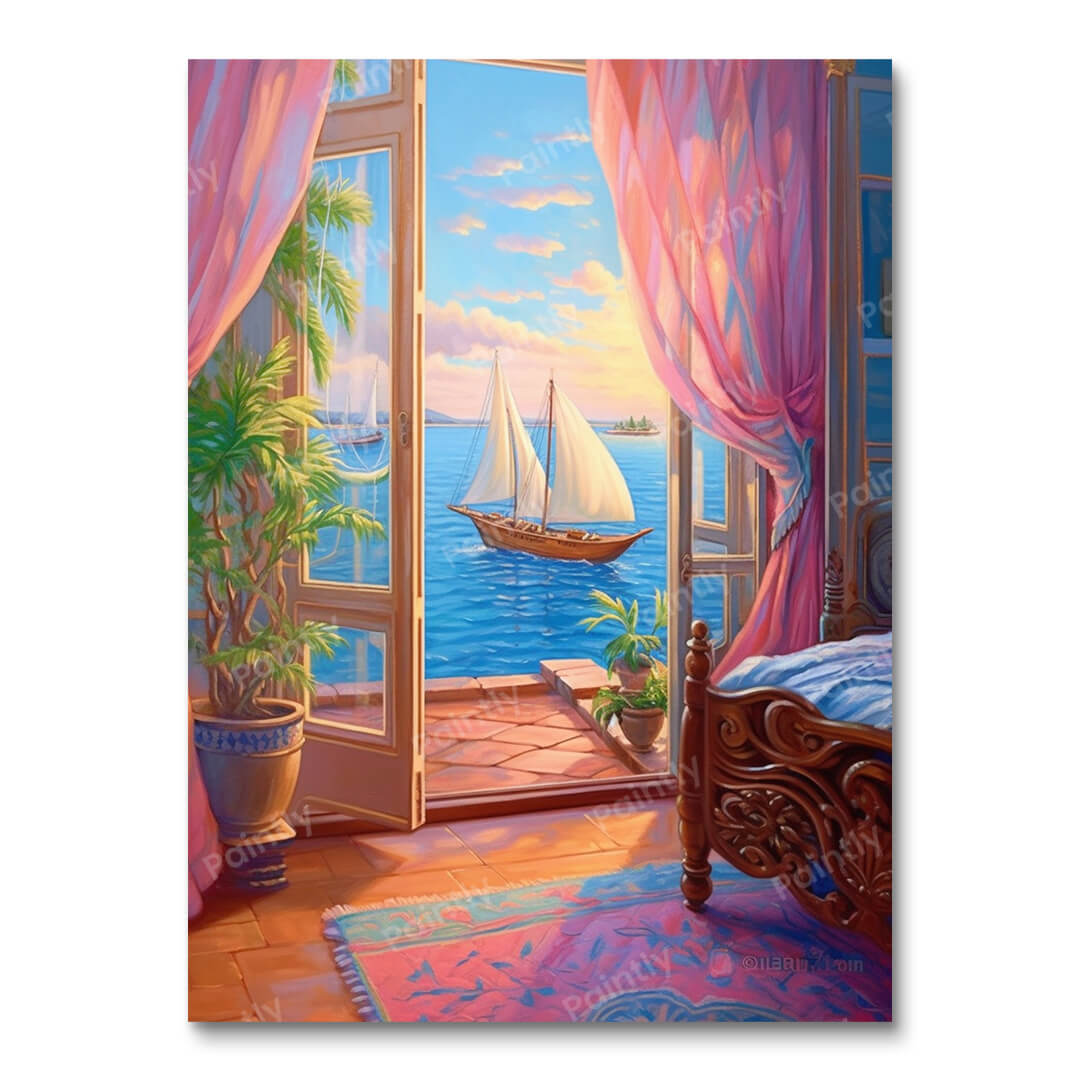 Luchtige slaapkamer aan de baai (diamond painting)