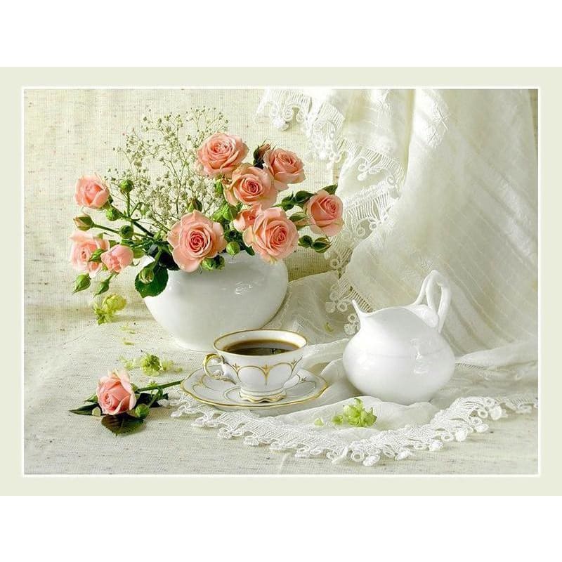 DIY Diamond Painting - Roze bloemen en koffie PIX-103 -