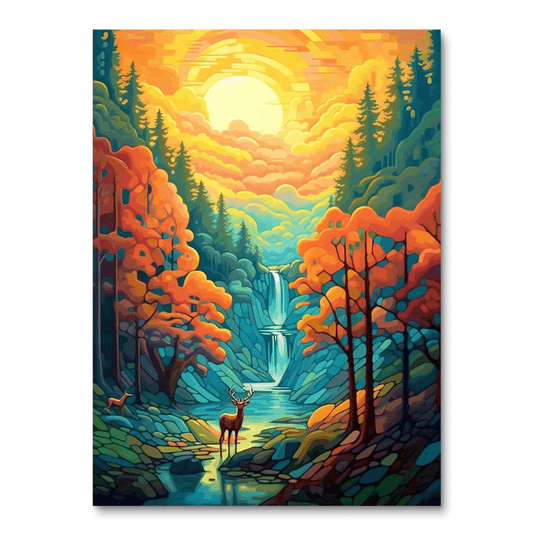 Herten bij de Forest Cascade (diamond painting)