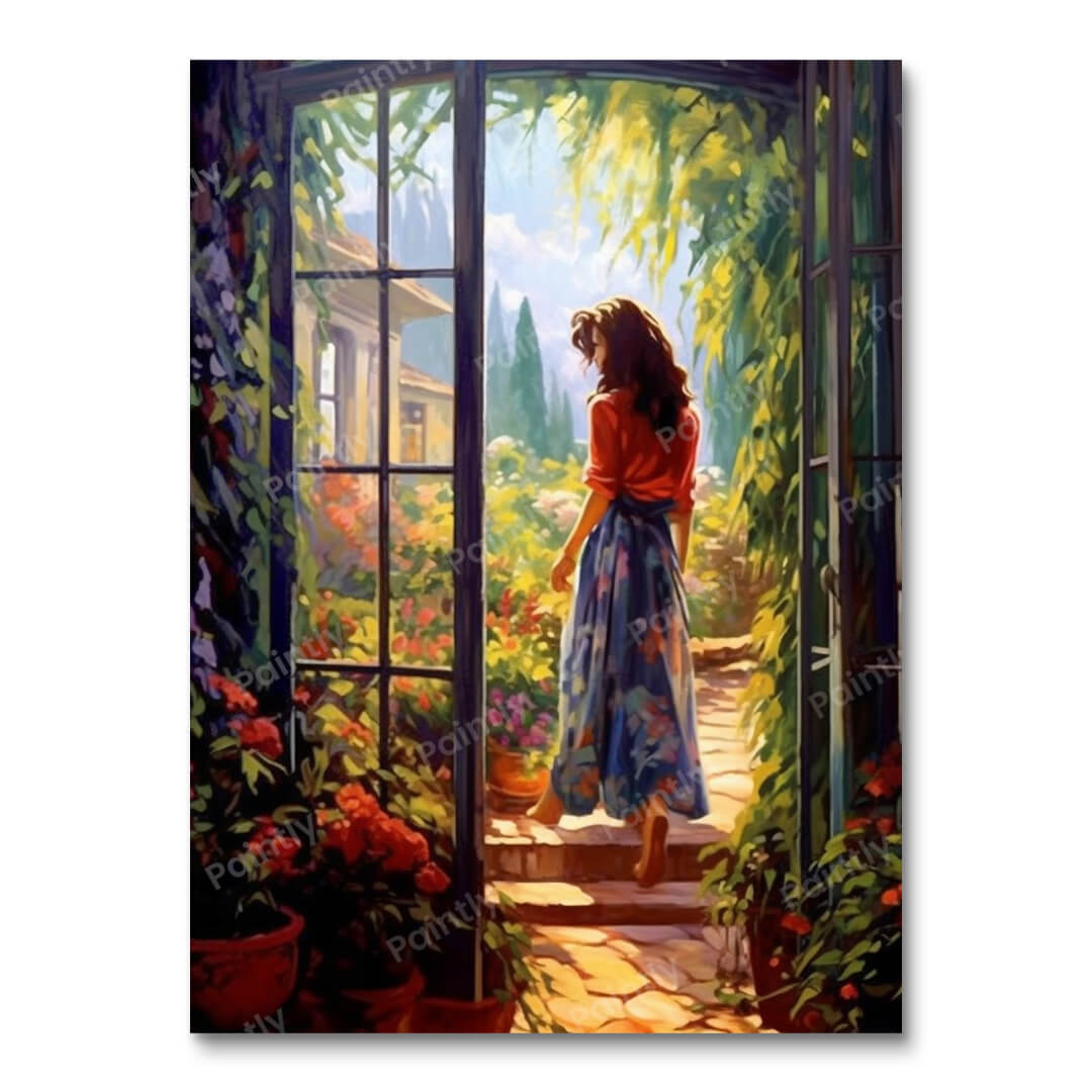 Een vrouw bij de terrasdeur (diamond painting)