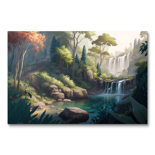 Mistige Jungle Waterval Haven (Diamond Painting)