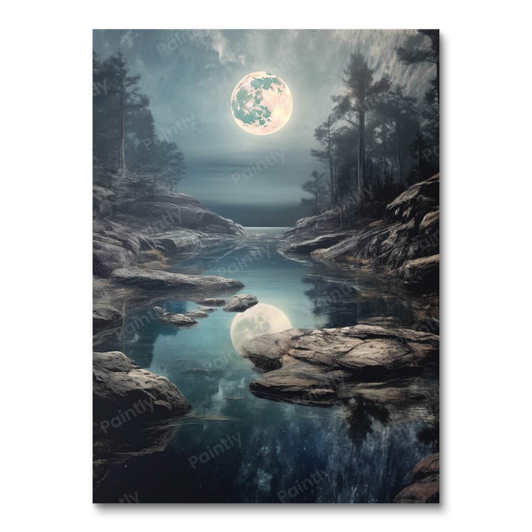 Maanlandschap over mystieke wateren (Diamond Painting)
