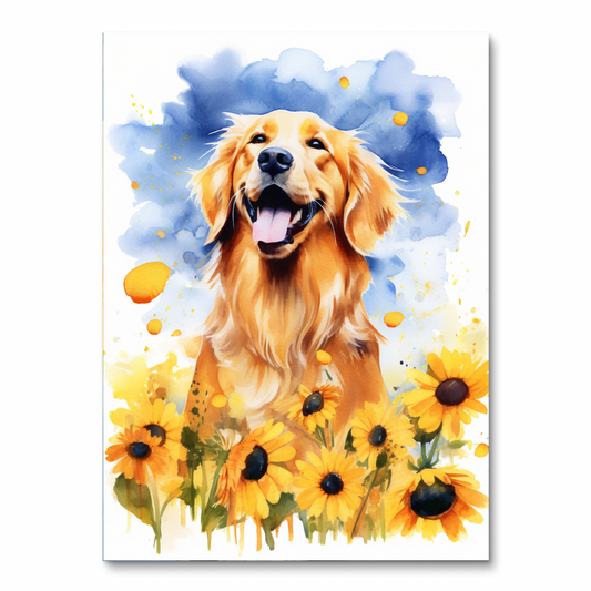 Golden retriever onder zonnebloemen (diamond painting)