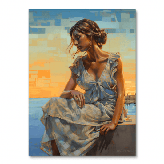 Vrouw zittend door het water (diamond painting)
