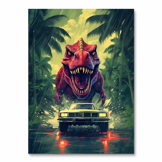 T-Rex achtervolging auto (diamond painting)
