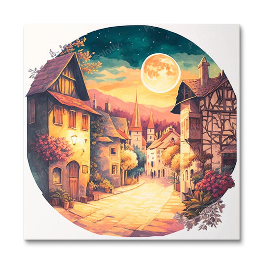 Maanverlicht Europees dorp (diamond painting)