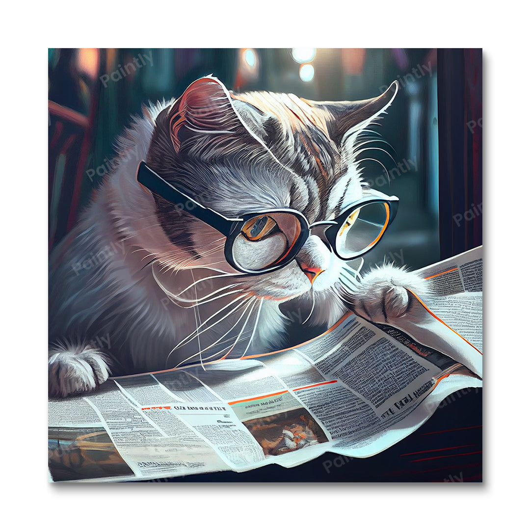 Kat Reading Newspaper II van Wes (diamond painting)