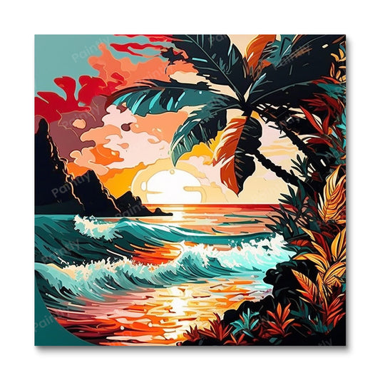Tropisch zonsondergangstrand (diamond painting)