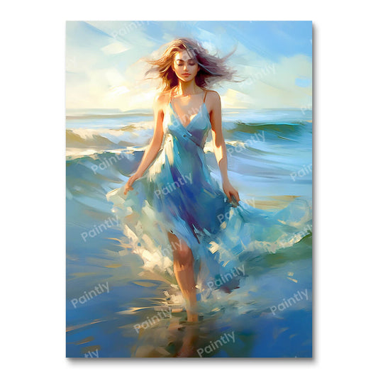 Blauw jurkmeisje op het strand (diamond painting)